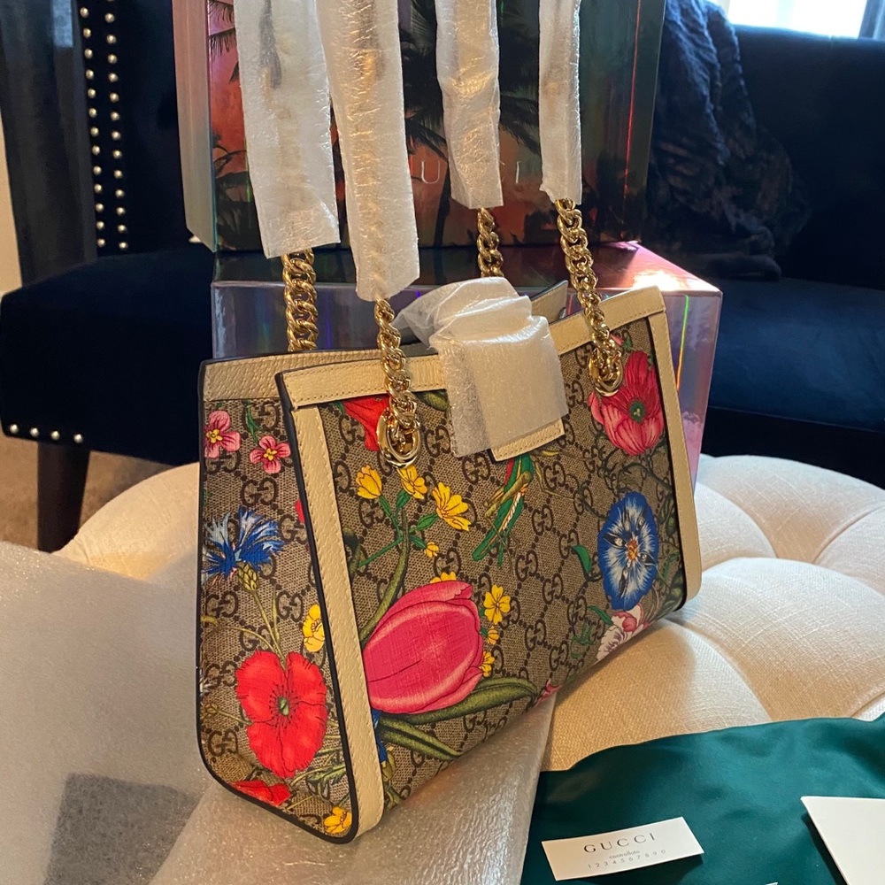 ✨NEW!✨GUCCI✨GG GUCCISSIMA SUPREME FLORA CANVAS & LEATHER PADLOCK CHAIN BAG - Picture 6 of 16